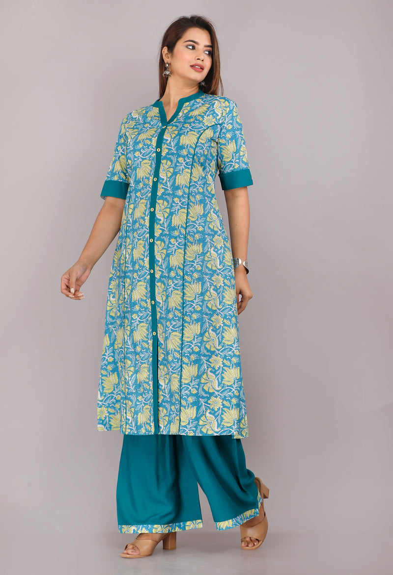 Elegant Blue Floral Printed Kurta Set with Palazzo Pants
