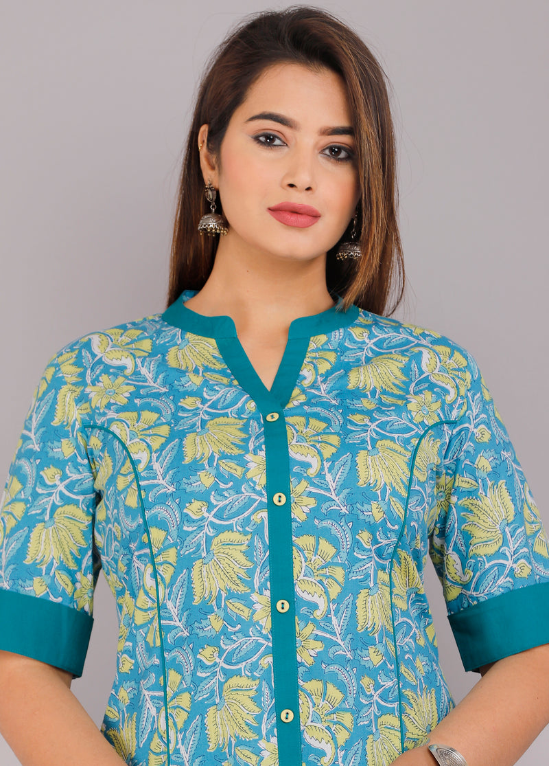 Elegant Blue Floral Printed Kurta Set with Palazzo Pants