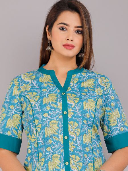 Elegant Blue Floral Printed Kurta Set with Palazzo Pants