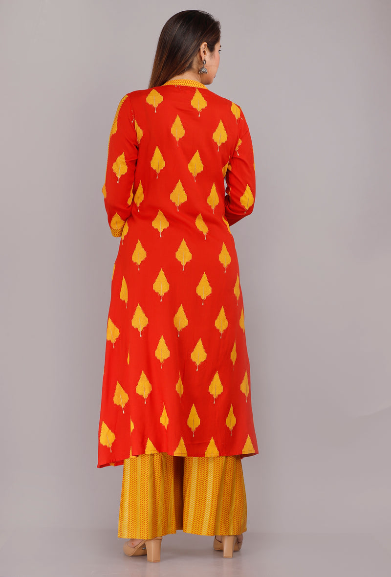 Orange  & Mustard Printed Rayon Kurta Set with Palazzo Pants