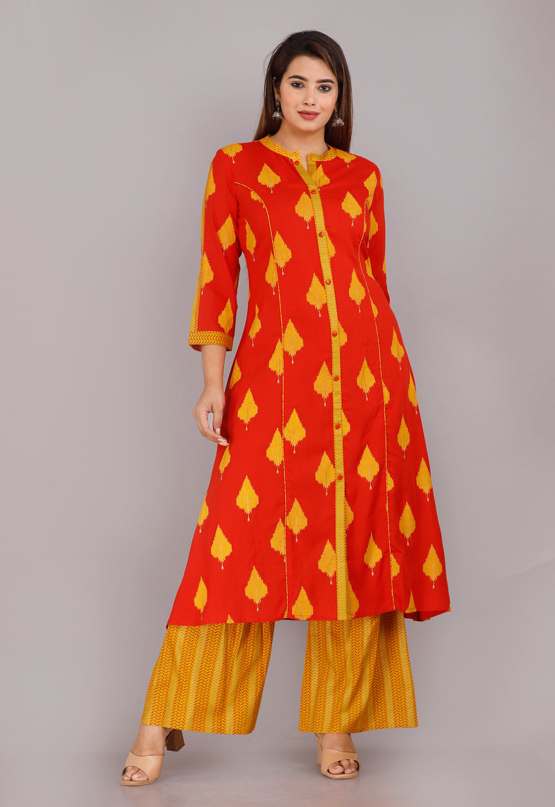 Orange  & Mustard Printed Rayon Kurta Set with Palazzo Pants