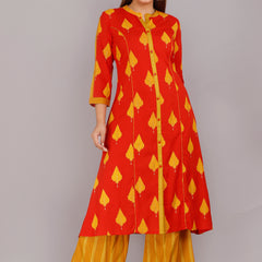 Orange  & Mustard Printed Rayon Kurta Set with Palazzo Pants