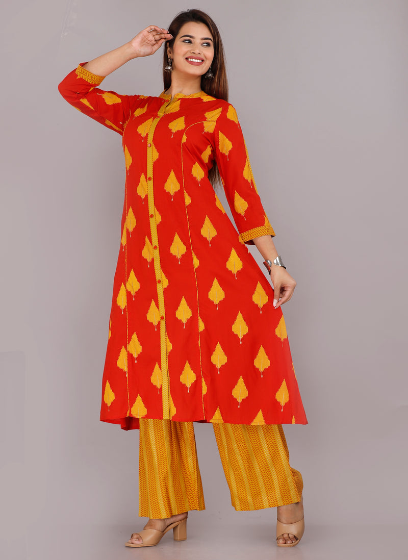Orange  & Mustard Printed Rayon Kurta Set with Palazzo Pants
