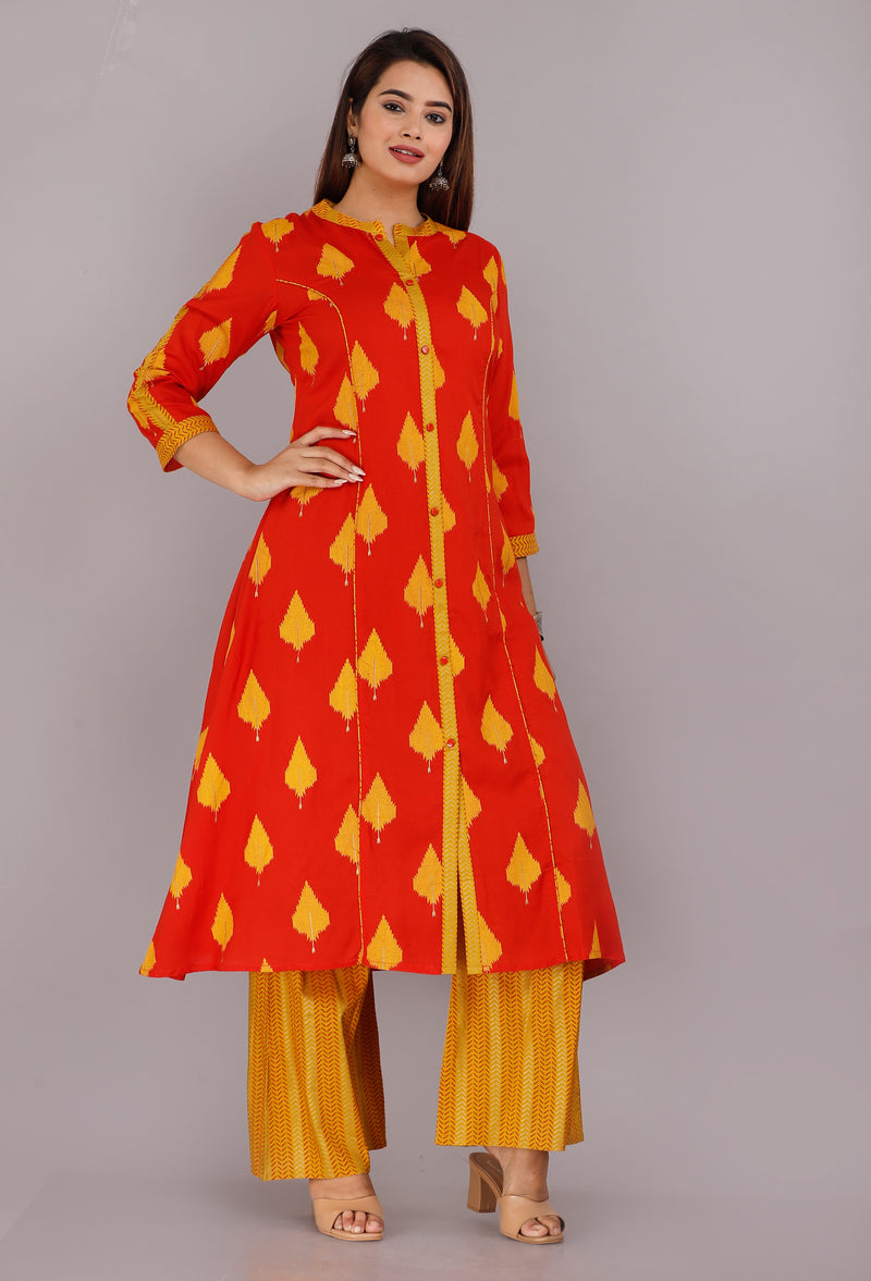 Orange  & Mustard Printed Rayon Kurta Set with Palazzo Pants