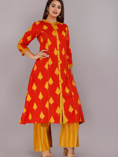 Orange  & Mustard Printed Rayon Kurta Set with Palazzo Pants