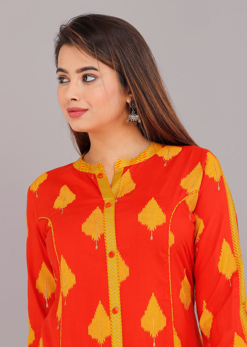 Orange  & Mustard Printed Rayon Kurta Set with Palazzo Pants
