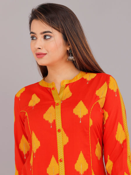 Orange  & Mustard Printed Rayon Kurta Set with Palazzo Pants