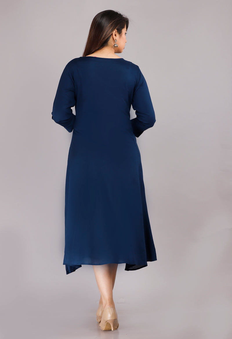Navy Blue Printed Rayon Flared Dress for Women