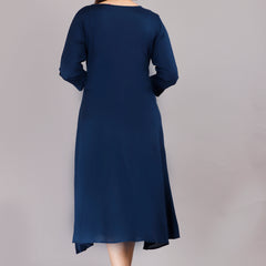 Navy Blue Printed Rayon Flared Dress for Women