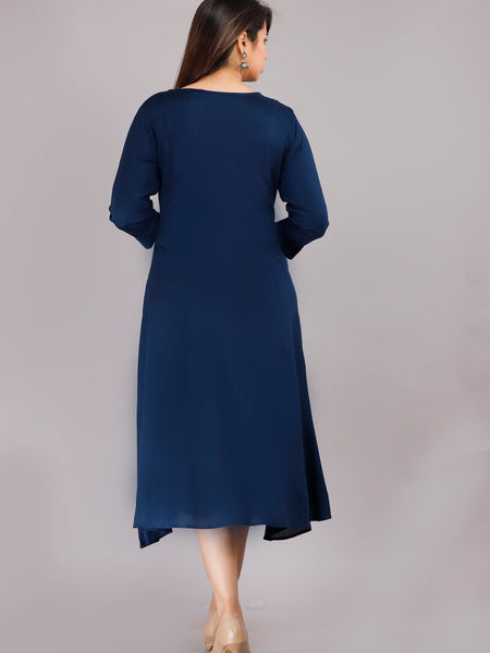 Navy Blue Printed Rayon Flared Dress for Women