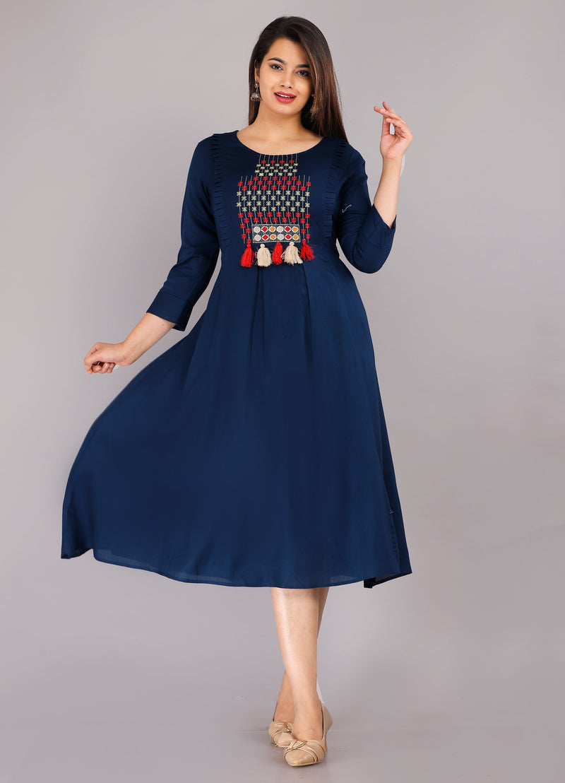 Navy Blue Printed Rayon Flared Dress for Women