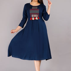 Navy Blue Printed Rayon Flared Dress for Women