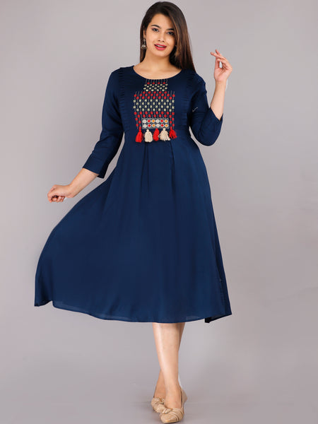 Navy Blue Printed Rayon Flared Dress for Women