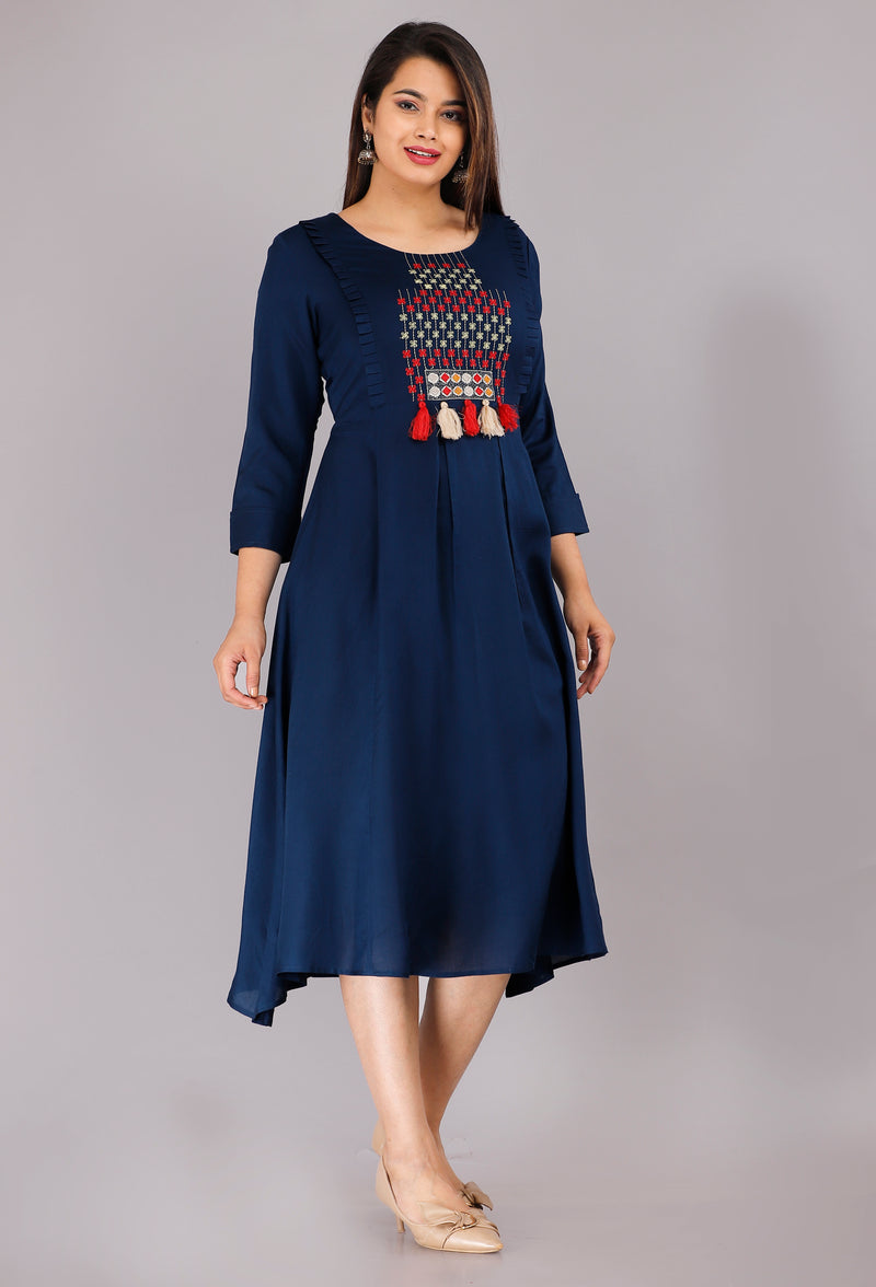 Navy Blue Printed Rayon Flared Dress for Women