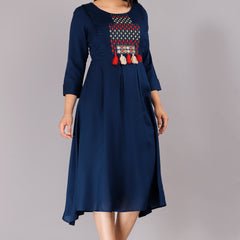 Navy Blue Printed Rayon Flared Dress for Women