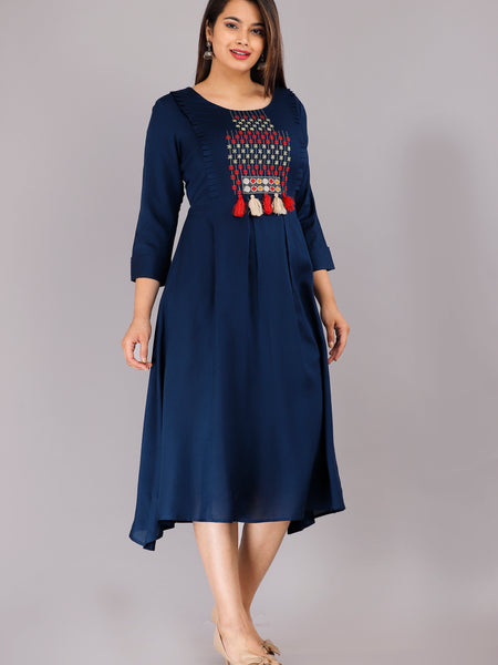 Navy Blue Printed Rayon Flared Dress for Women