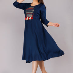Navy Blue Printed Rayon Flared Dress for Women