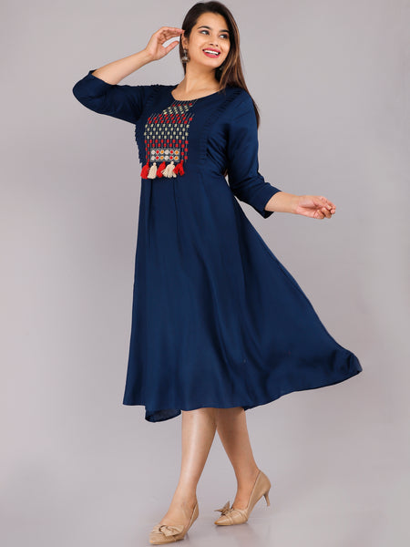 Navy Blue Printed Rayon Flared Dress for Women