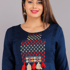 Navy Blue Printed Rayon Flared Dress for Women